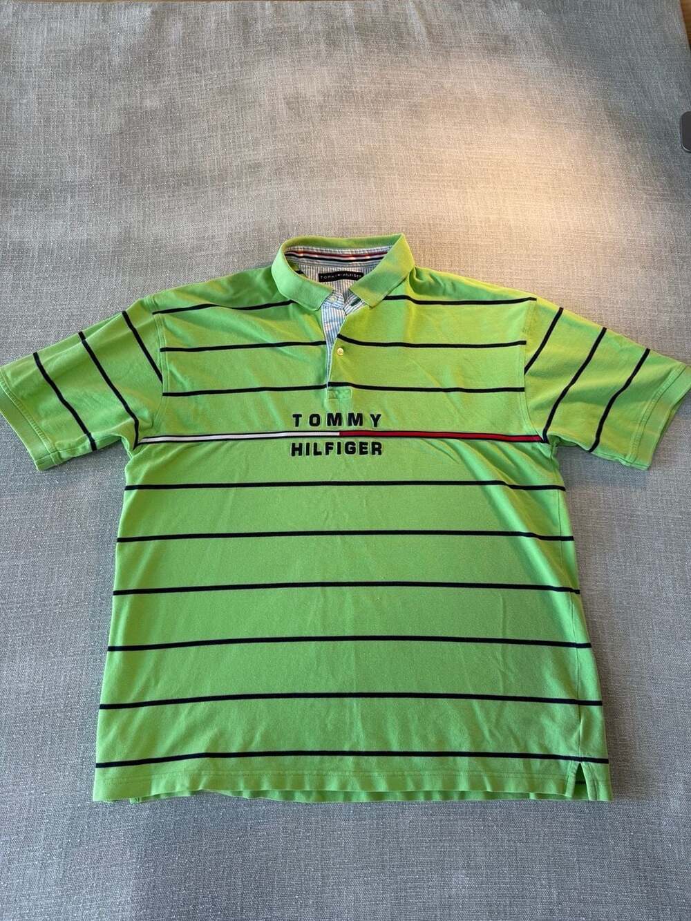 Tommy Hilfiger Green Striped Embroidered Logo Polo Shirt